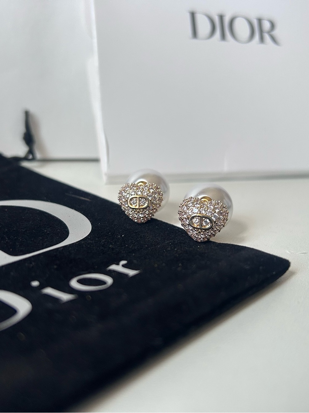 Vintage Dior Pearl Drop Heart Stud Earrings with Crystal Accent